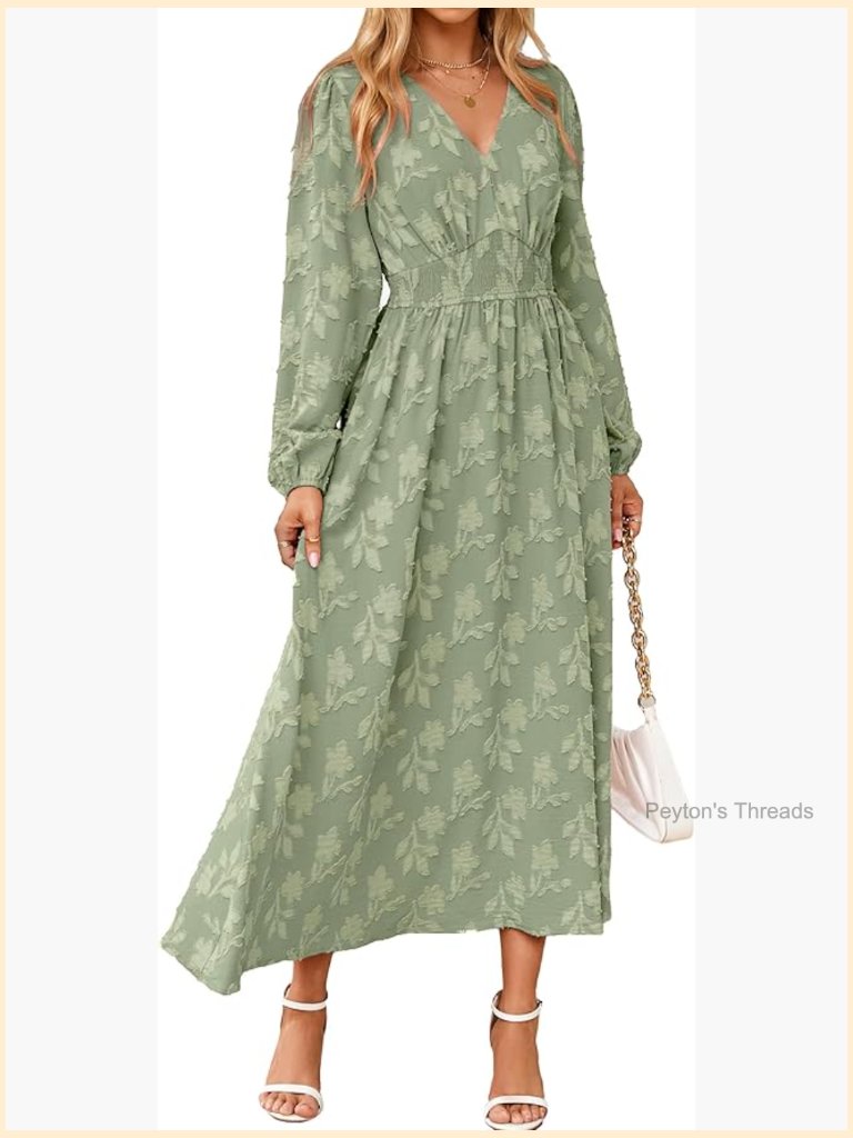 Boho Floral Long Sleeve Maxi Dress V Neck Empire Waist Fall Wedding Guest